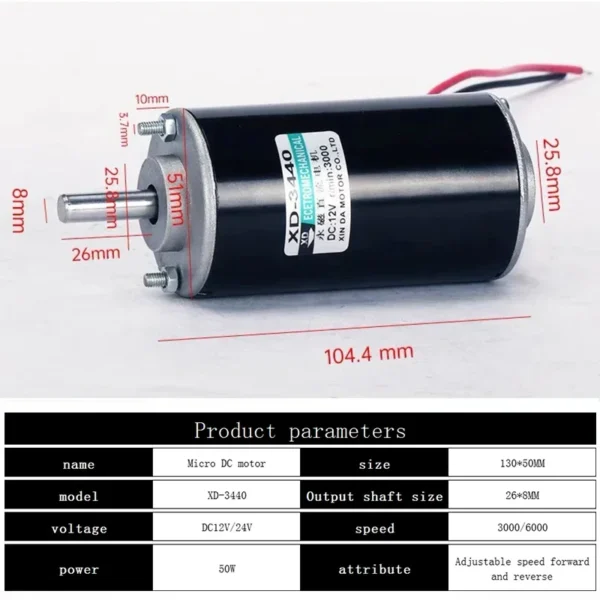 Motor XD-3440 12V/24V 50W DC de Alta Velocidade - Image 2